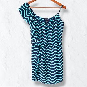 Envy Me Silky Blue Chevron Ruffled One Shoulder Dress Sz L